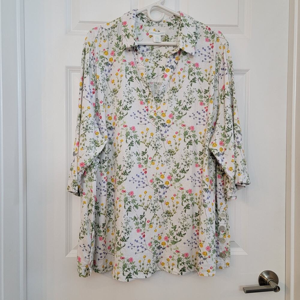 Cynthia Rowley Womens Plus 2X Popover Tunic Top White Pink Floral Linen Blend